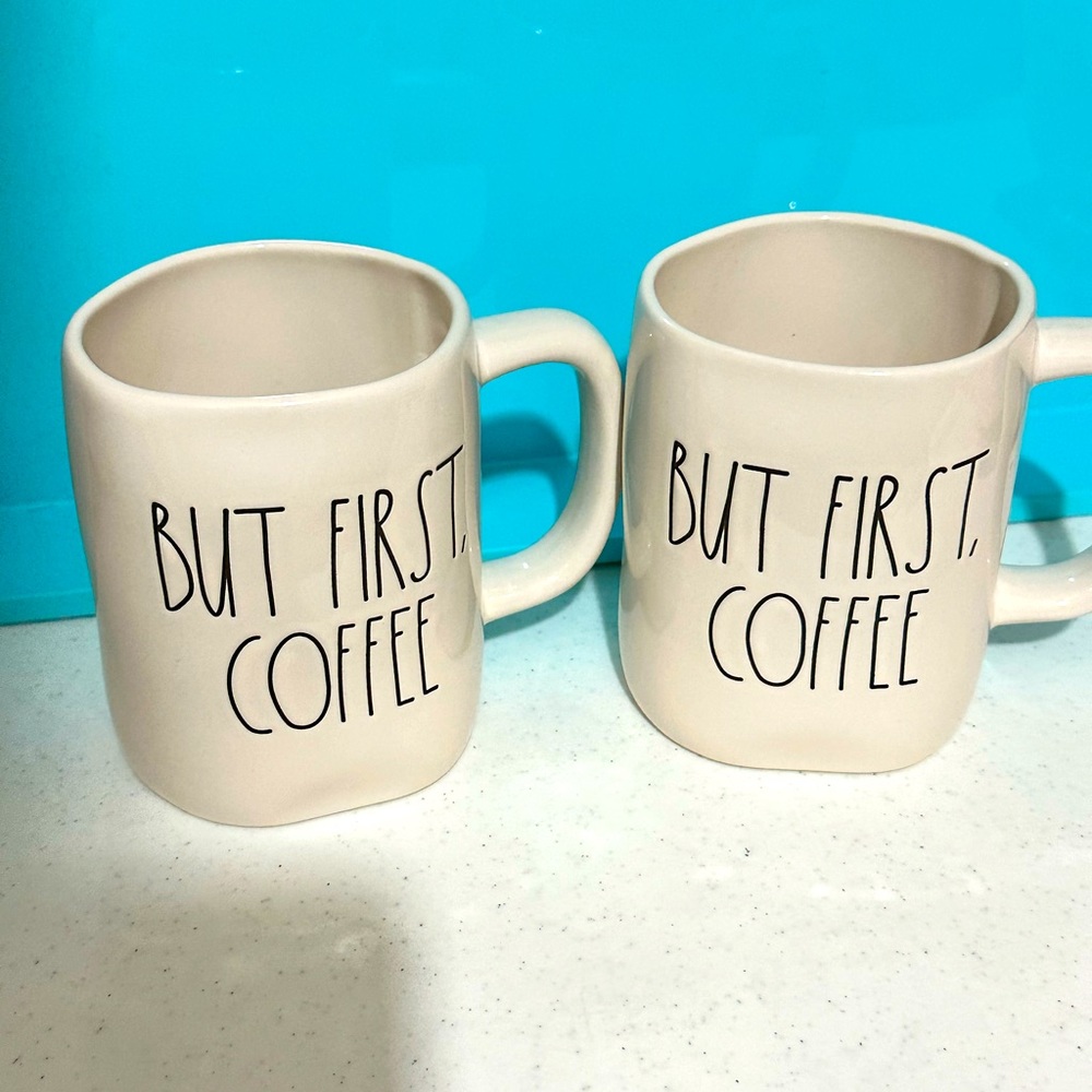 2 Rae Dunn  “BUT FIRST COFFEE” white coffee cups